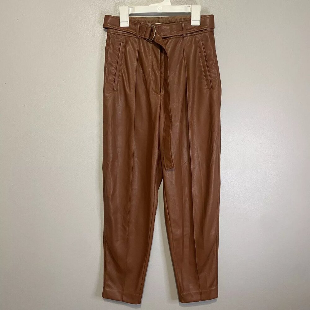 Babaton Women's Brown Belted Faux Leather Dress Pants